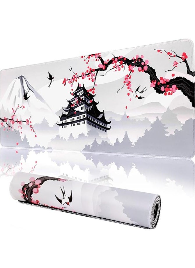 Japanese Cherry Blossom White Game pad, XXL Large Gaming Laptop Anime Mouse Pad, Stitched Edges Big Desk Pads, Extended PC Keyboard Waterproof and Non-Slip 31.06 x 11.8inches Rubber Table Mat