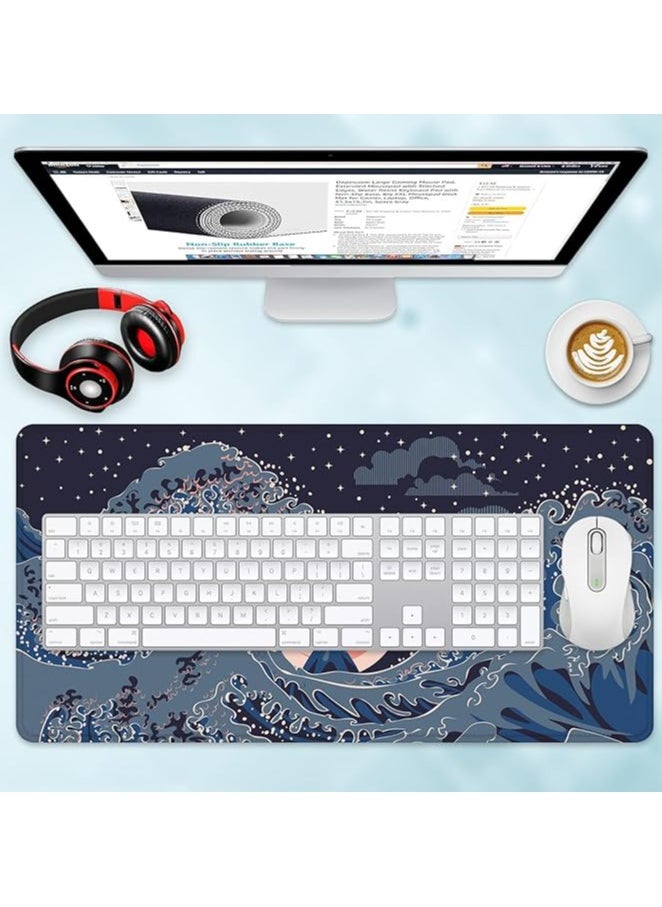 Japanese Wave Gaming Mouse Pad, 31.5x11.8 Inch Non-Slip Desk Mat, Office Decor Keyboard Pad for Computer