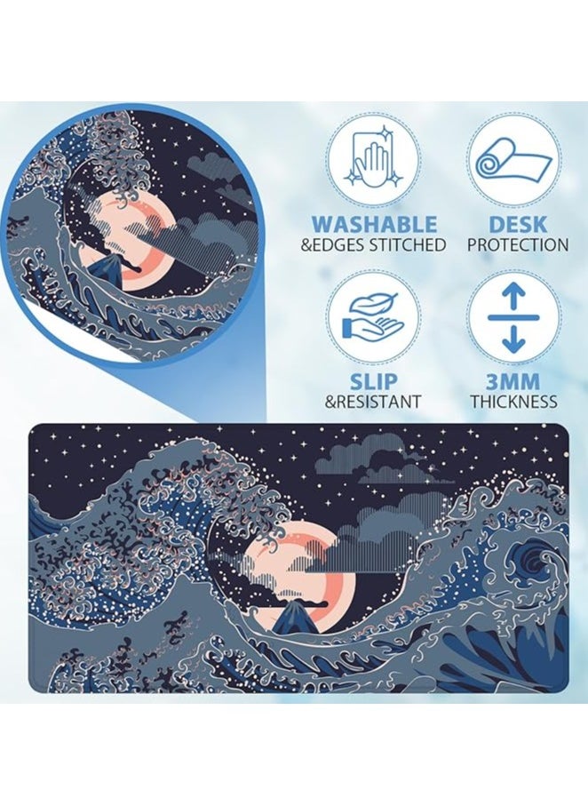 Japanese Wave Gaming Mouse Pad, 31.5x11.8 Inch Non-Slip Desk Mat, Office Decor Keyboard Pad for Computer