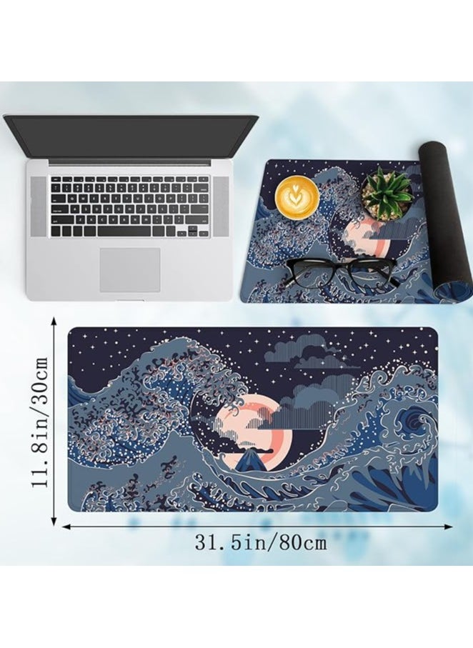 Japanese Wave Gaming Mouse Pad, 31.5x11.8 Inch Non-Slip Desk Mat, Office Decor Keyboard Pad for Computer