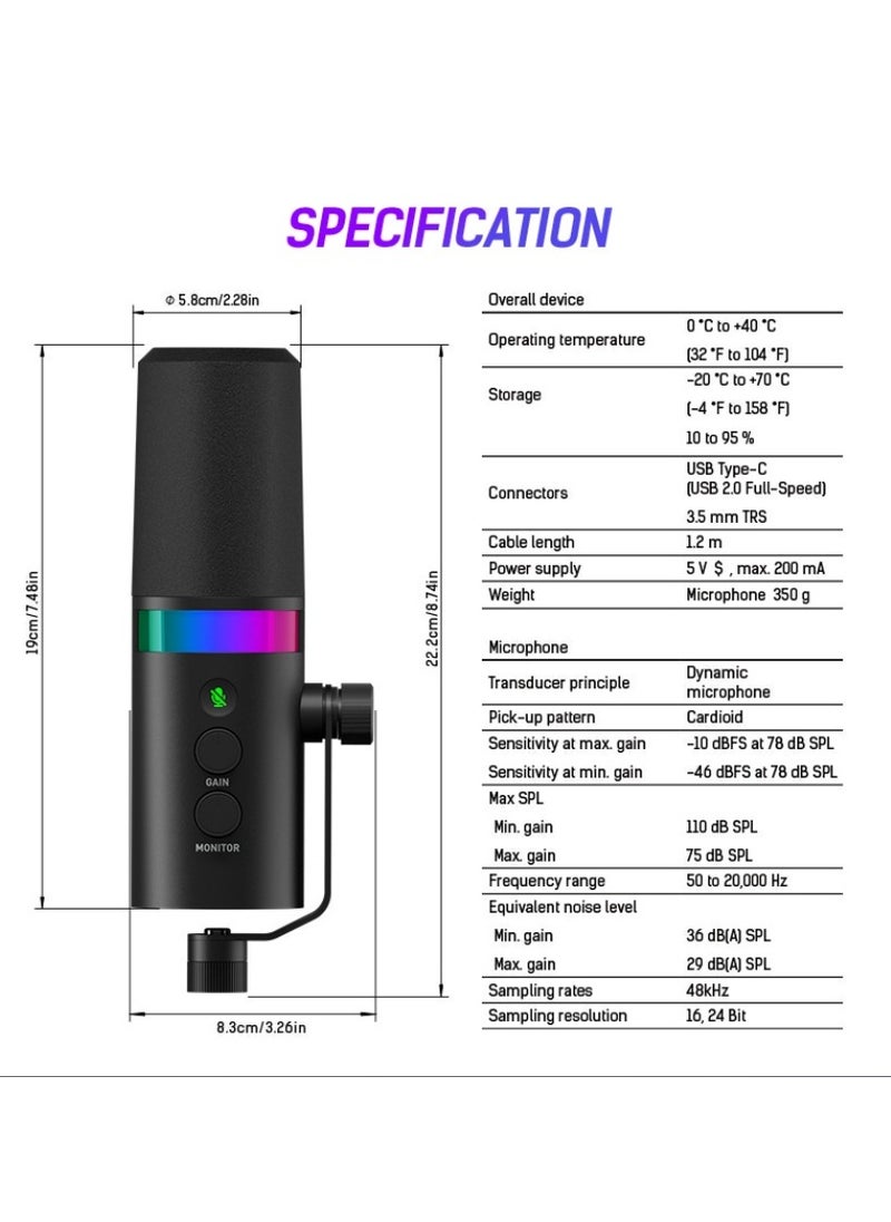 USB XLR Dynamic Microphone Touchmute Headphone Jack Volume Control For Youtube PC Game Sound Card Recording Metal LM20 (Microphone and Bracket)