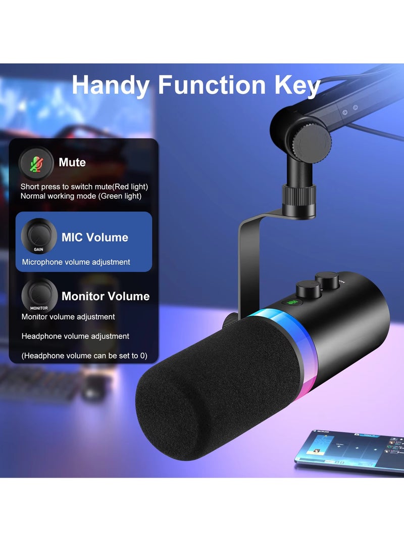 USB XLR Dynamic Microphone Touchmute Headphone Jack Volume Control For Youtube PC Game Sound Card Recording Metal LM20 (Microphone)