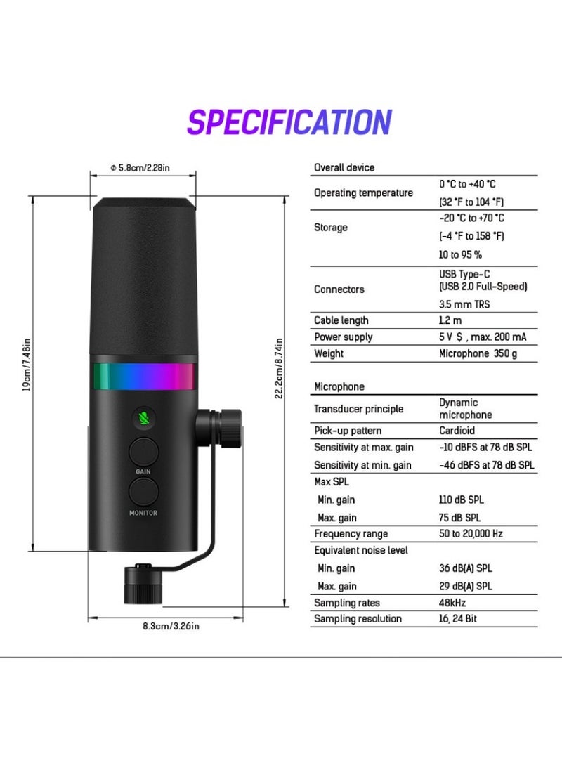 USB XLR Dynamic Microphone Touchmute Headphone Jack Volume Control For Youtube PC Game Sound Card Recording Metal LM20 (Microphone)