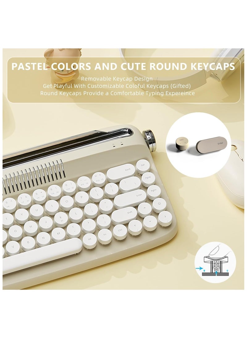 Retro 2 Keyboard Typewriter Style with Integrated Stand, USB-C/Bluetooth Keyboard with Cute Round Keycaps for Multi Device for Win/Mac (B307, Sand Beige)