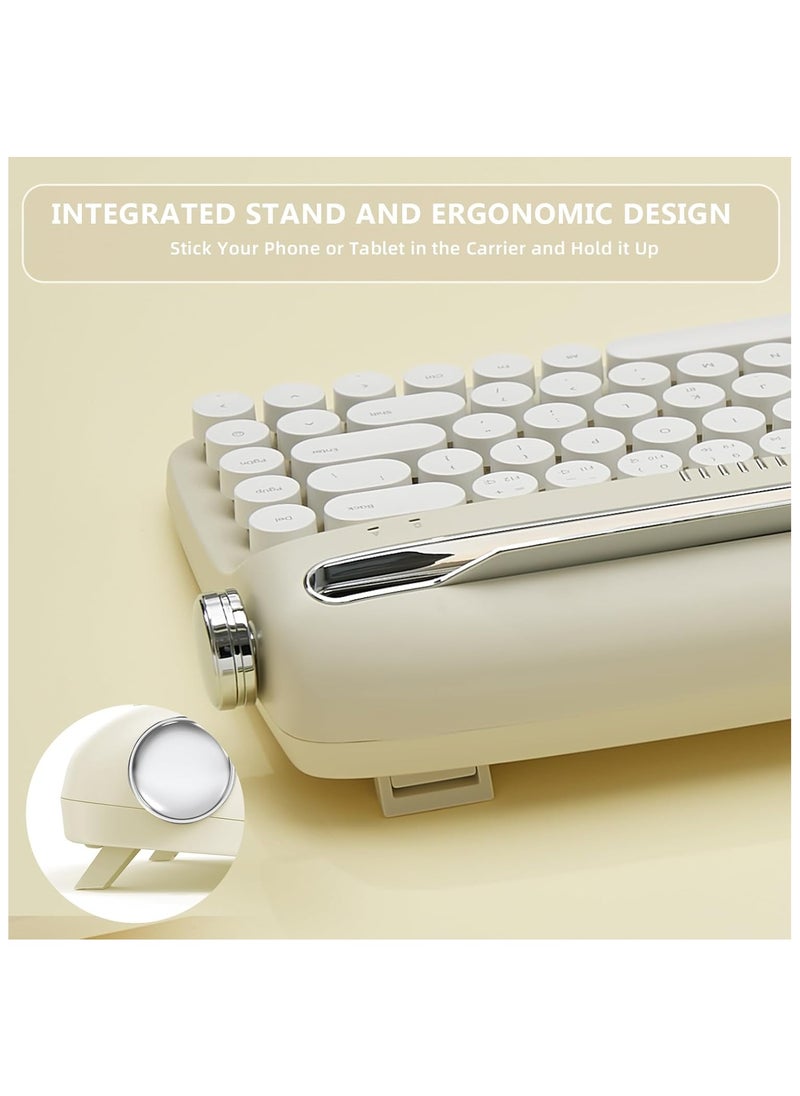 Retro 2 Keyboard Typewriter Style with Integrated Stand, USB-C/Bluetooth Keyboard with Cute Round Keycaps for Multi Device for Win/Mac (B307, Sand Beige)