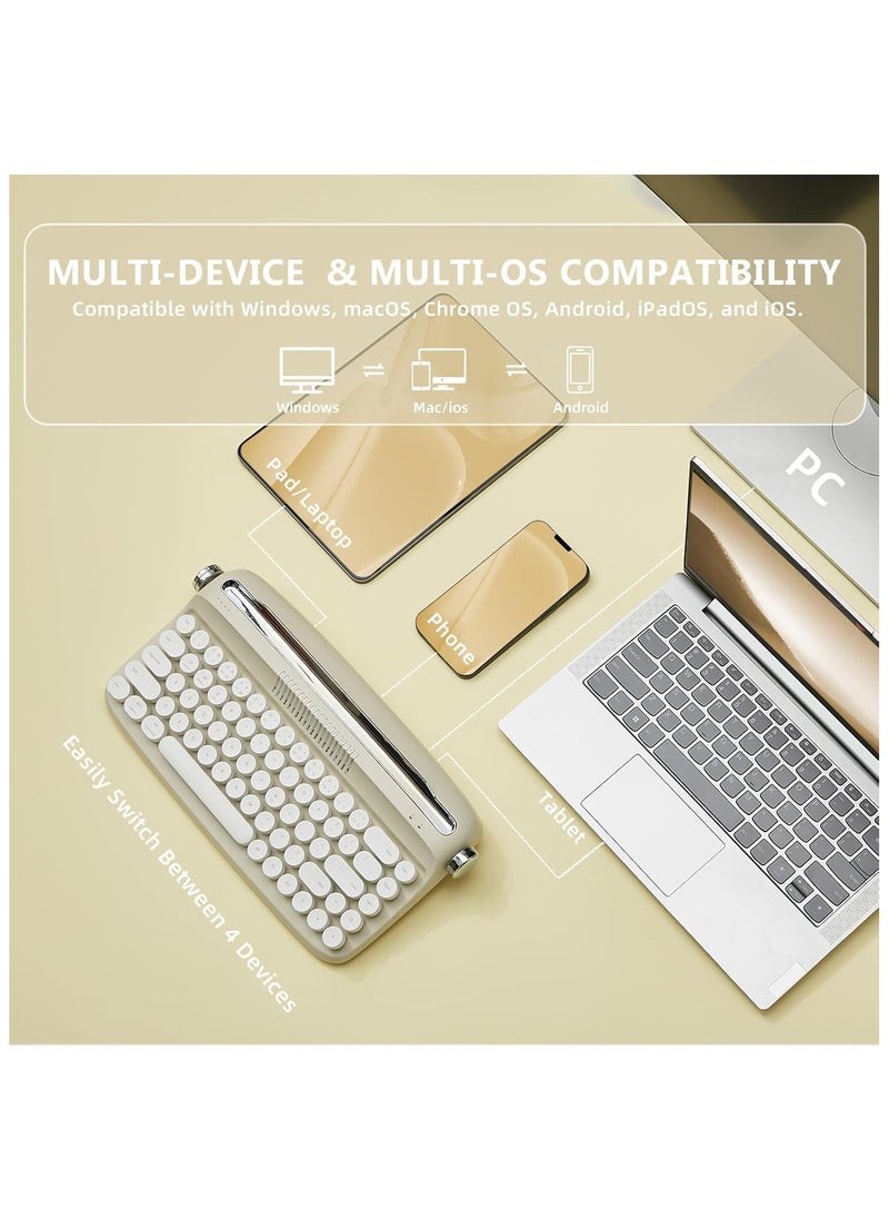 Retro 2 Keyboard Typewriter Style with Integrated Stand, USB-C/Bluetooth Keyboard with Cute Round Keycaps for Multi Device for Win/Mac (B307, Sand Beige)