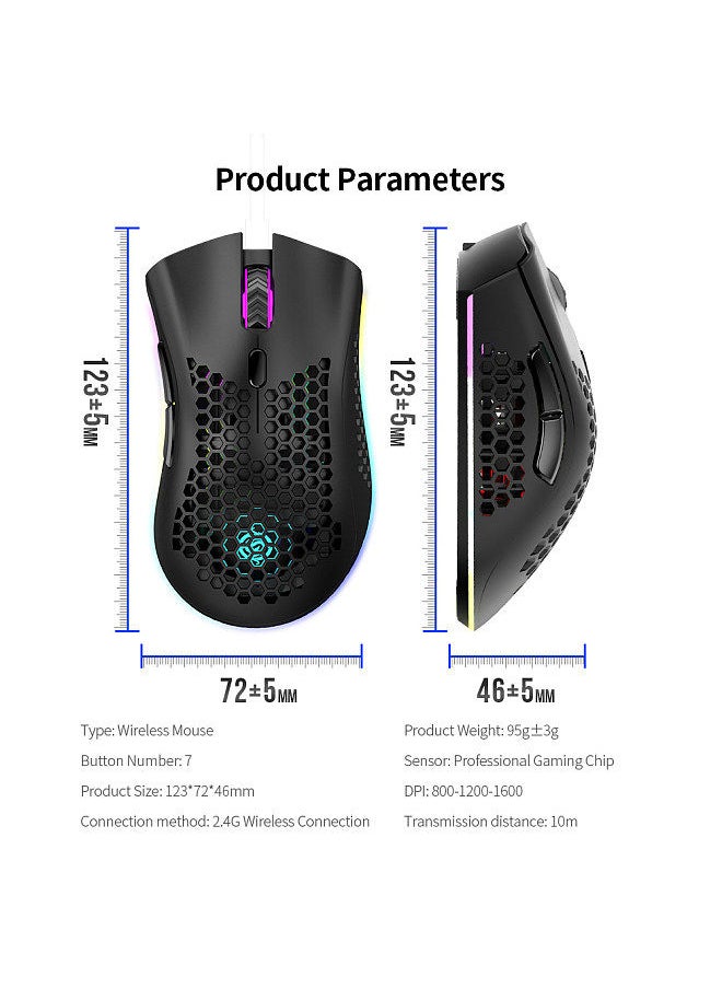 2.4G Wireless Gaming Mouse Rechargeable Mouse with RGB Light Effect 3 Adjustable DPI Hollowed-out Honeycomb Design Black