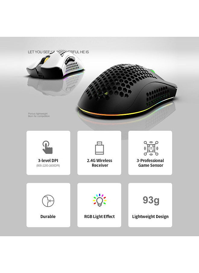 2.4G Wireless Gaming Mouse Rechargeable Mouse with RGB Light Effect 3 Adjustable DPI Hollowed-out Honeycomb Design Black