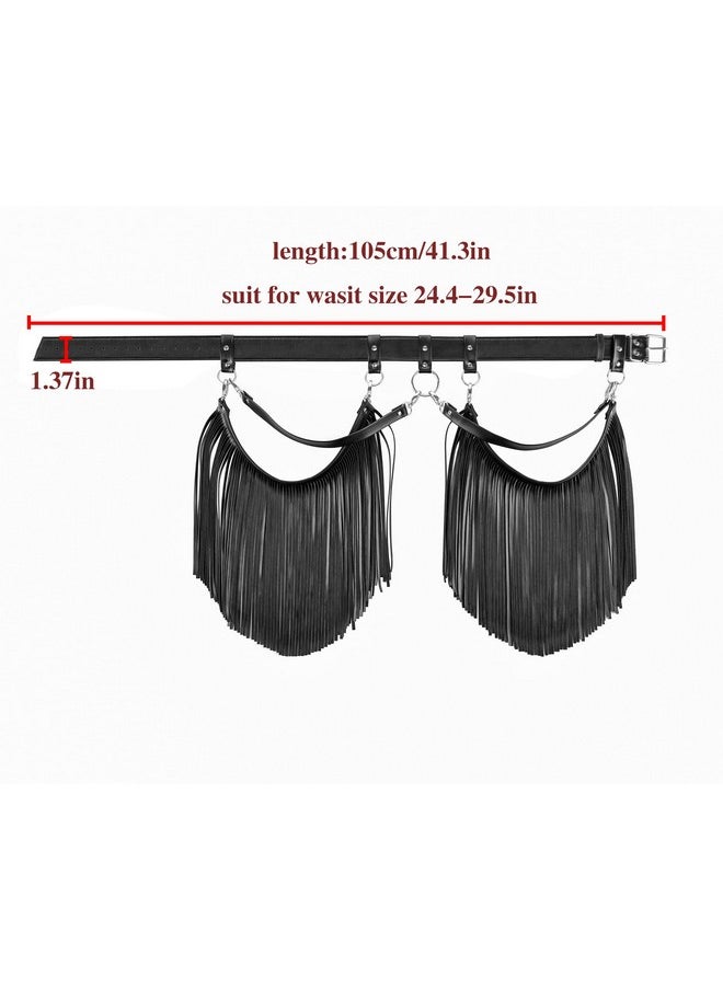 Women Punk Waist Belt Long Tassel Fringe Fashion Dress Belt Pu Leather Gothic Waistband Adjustable Rock Jeans Belts (Black)