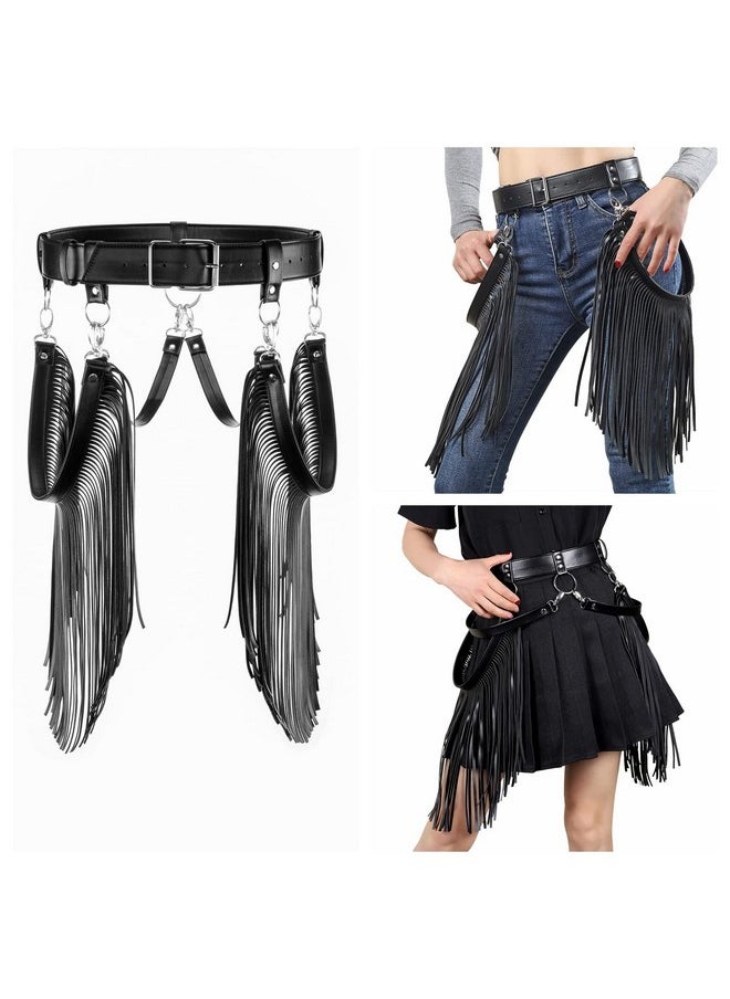 Women Punk Waist Belt Long Tassel Fringe Fashion Dress Belt Pu Leather Gothic Waistband Adjustable Rock Jeans Belts (Black)