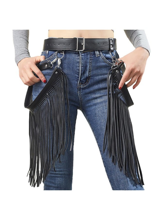 Women Punk Waist Belt Long Tassel Fringe Fashion Dress Belt Pu Leather Gothic Waistband Adjustable Rock Jeans Belts (Black)