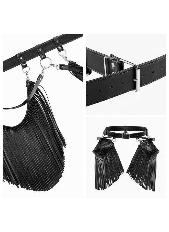 Women Punk Waist Belt Long Tassel Fringe Fashion Dress Belt Pu Leather Gothic Waistband Adjustable Rock Jeans Belts (Black)