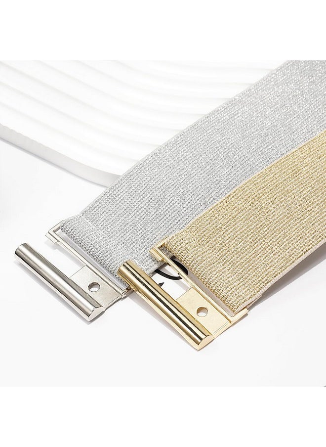 Women Wide Stretchy Belt Elastic Waist Belt For Ladies Dresses Beige Band Gold Buckle +Silver 65Cm Fit Waist 26