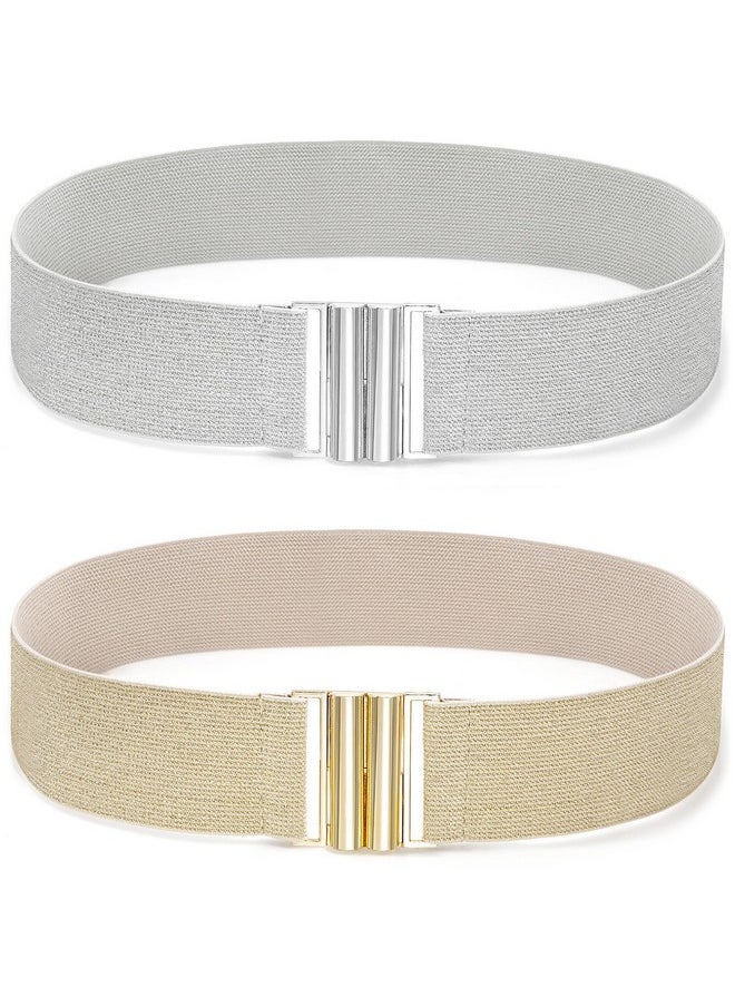 Women Wide Stretchy Belt Elastic Waist Belt For Ladies Dresses Beige Band Gold Buckle +Silver 65Cm Fit Waist 26