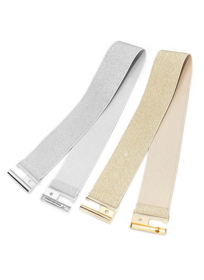 Women Wide Stretchy Belt Elastic Waist Belt For Ladies Dresses Beige Band Gold Buckle +Silver 65Cm Fit Waist 26