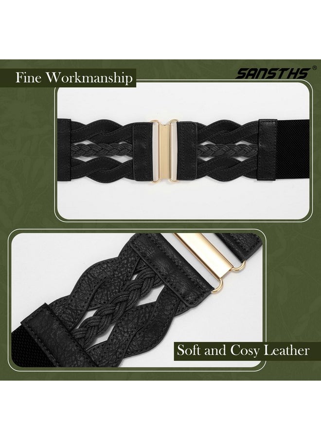 Vintage Stretchy Belt For Women, Womens Wide Elastic Belts For Dresses Coats, Fashion Womens Belts With Gold Buckle, Black M