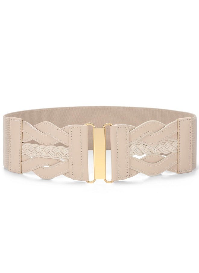 Vintage Stretchy Belt For Women, Womens Wide Elastic Belts For Dresses Coats, Fashion Womens Belts With Gold Buckle, Beige M