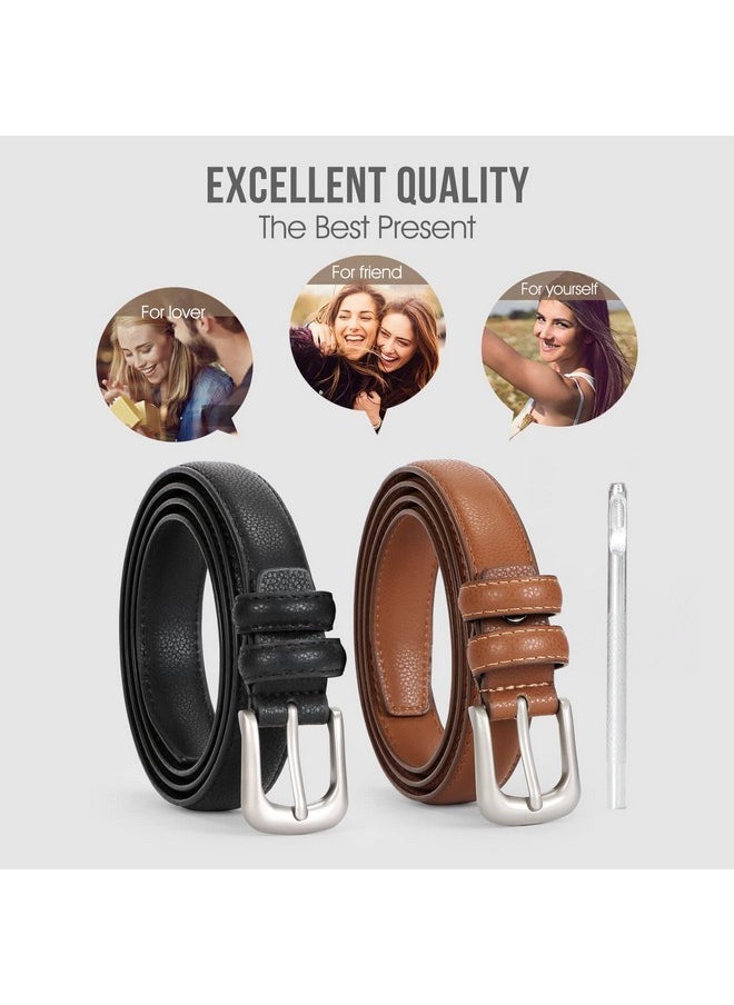 2 Pack Ladies Skinny Thin Leather Belts For Women Jeans With Pin Alloy Buckle Fashion Waist Belt For Dress Pants Formal Casual,Black And Brown