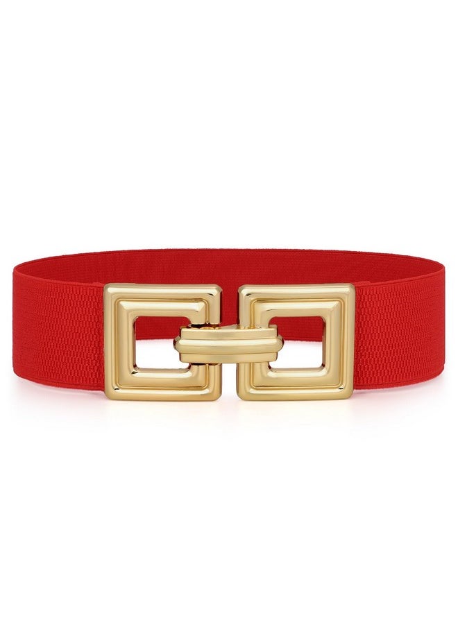 Women Wide Elastic Waist Belt Fashion Hollow Out Square Gold Buckle Stretchy Belt Waistband For Ladies, Red, Xxl