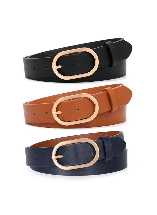 3 Pack Plus Size Women'S Leather Belts For Jeans Pants Dress Fashion Gold Buckle Ladies Waist Belt