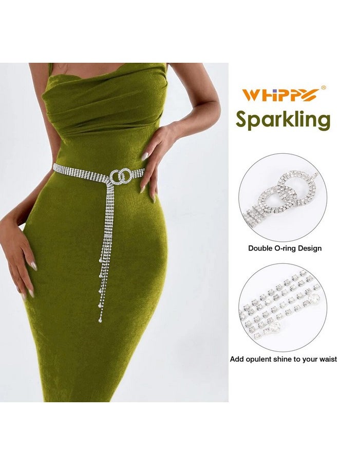 Women Rhinestone Belt Silver Shiny Diamond Fashion Crystal Ladies Double O-Ring Waist Belt For Dresses