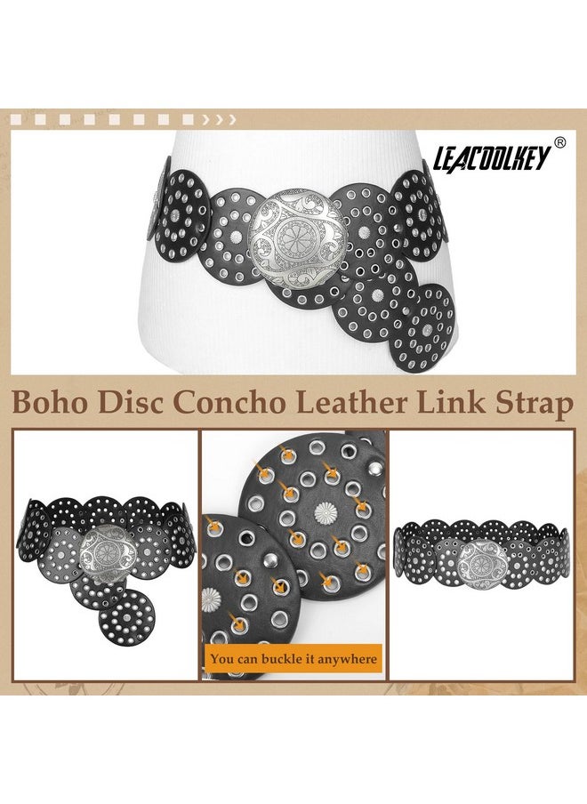 Women Western Leather Belt Boho Disc Conch Waist Belt For Dress Jeans