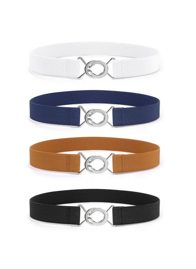 4 Pack Women Skinny Elastic Waist Belt Stretchy Thin Belt For Dress Jeans?Black+Brown+White+Blue, Fit Waist Size 29-34 Inches