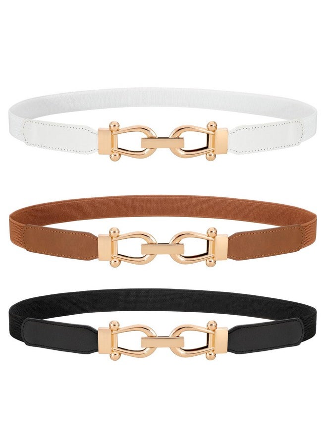 3 Pack Women Ladies Skinny Elastic Waist Belt Gold Buckle Stretchy Thin Belt For Dress Jeans,Black+Brown+White