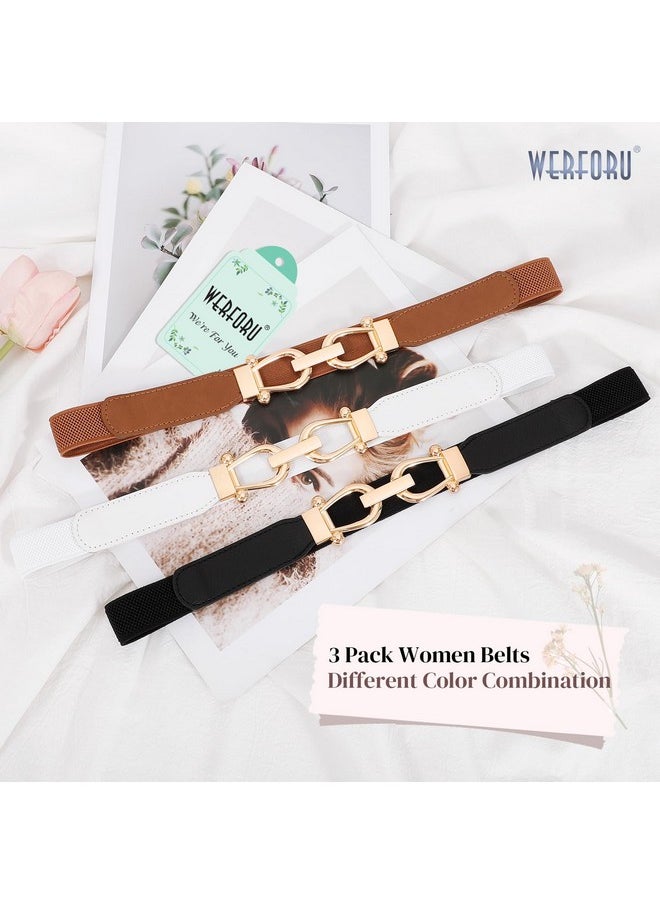 3 Pack Women Ladies Skinny Elastic Waist Belt Gold Buckle Stretchy Thin Belt For Dress Jeans,Black+Brown+White