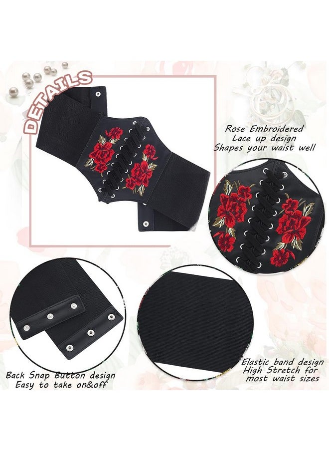 Elastic Rose Embroidered Lace-Up Corset Belt Stretchy Tied Black Waspie Belts Wide Halloween Party Dress Cincher Waist Belt For Women