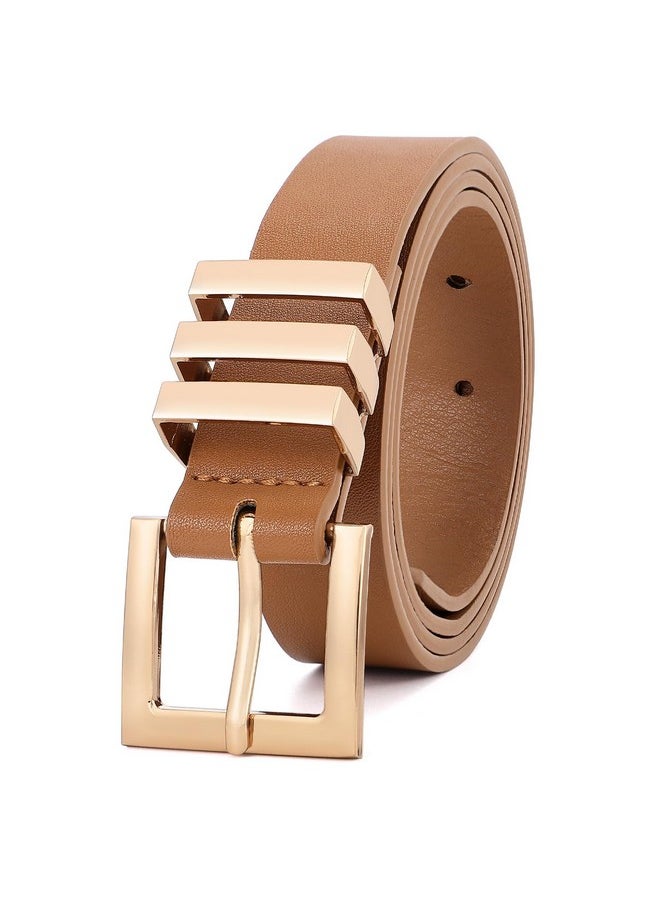 Plus Size Women'S Leather Belts For Jeans Pants Dress Fashion Ladies Waist Belt With Square Gold Buckle,Brown