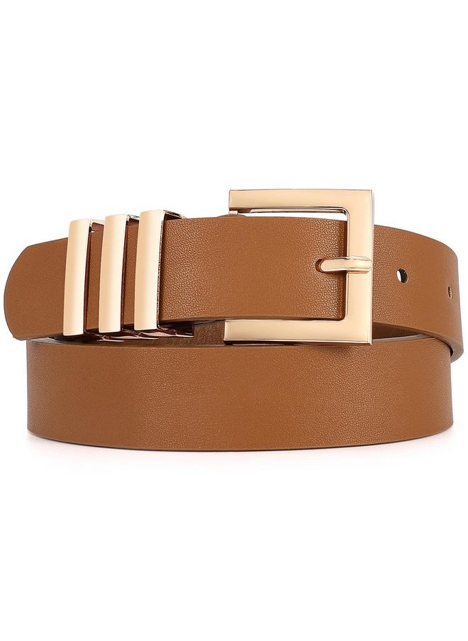 Plus Size Women'S Leather Belts For Jeans Pants Dress Fashion Ladies Waist Belt With Square Gold Buckle,Brown