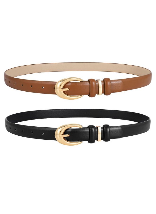 2 Pack Women Leather Belts For Jeans Dress Fashion Skinny Belt With Gold Silver Buckle