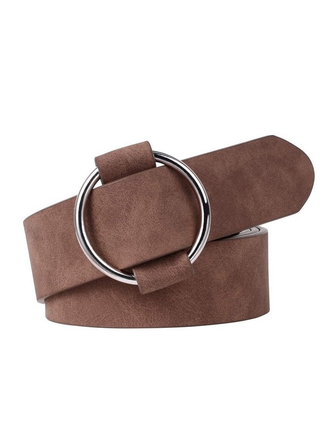 Women Leather Belt No Pin Circle Buckle Fashion Waist Belt For Jean Dress Coffee Round Buckle 120Cm