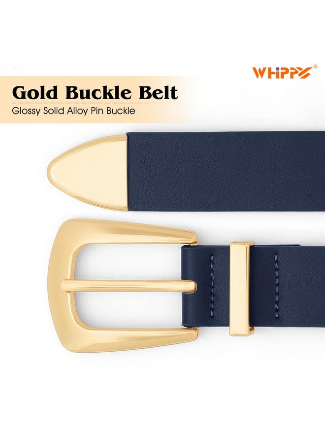 Women Leather Belt For Jeans Pants Dresses Fashion Ladies Western Leather Belt With Solid Gold Buckle M Navy Blue