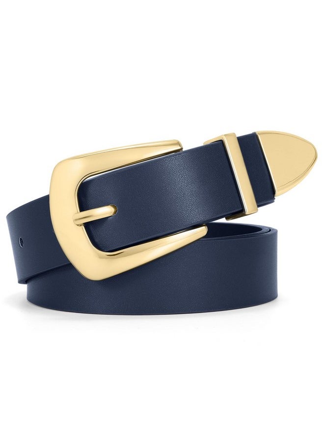 Women Leather Belt For Jeans Pants Dresses Fashion Ladies Western Leather Belt With Solid Gold Buckle M Navy Blue