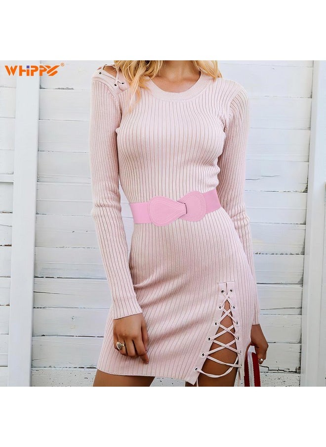 Women Wide Elastic Belt Ladies Stretchy Dress Belt Fashion Waistband With 8-Shaped Interlock Leather Buckle, Pink, Fit Waist Size 35