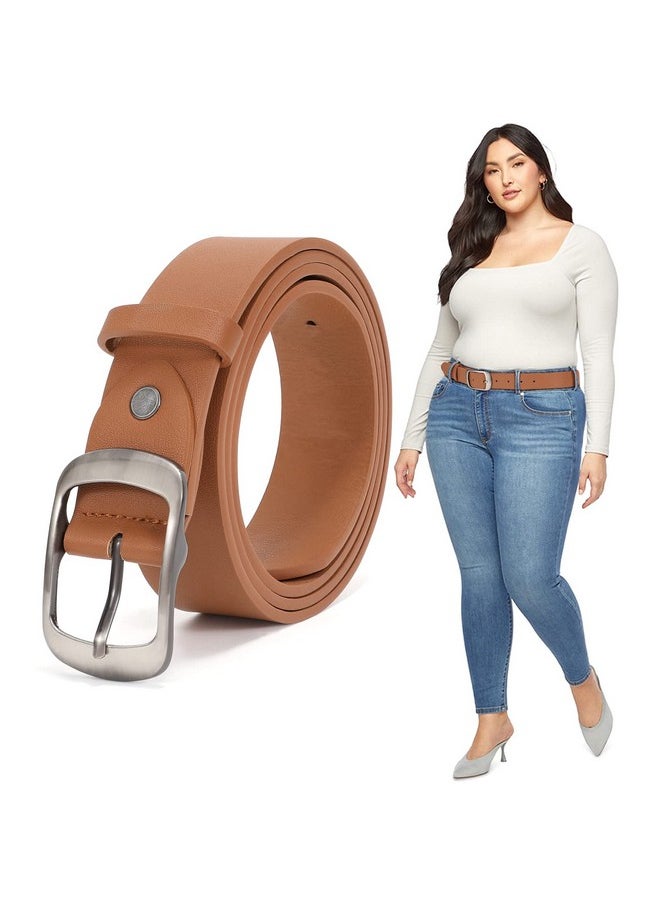 Plus Size Women Pu Leather Belt Brown Casual Waist Belt For Jeans Pants With Metal Pin Buckle(Brown,Fit Waist Size 53''-57'')