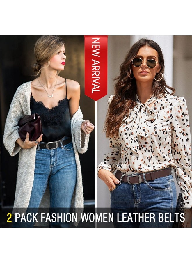 2 Pack Women Plus Size Leather Belts Fashion Cowhide Waist Belt With Solid Pin Buckle For Jeans Pants Dress