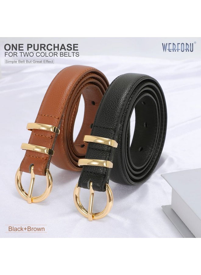 2 Pack Women Leather Belt Waist Skinny Dress Belts Solid Pin Buckle Belt For Jeans Pants