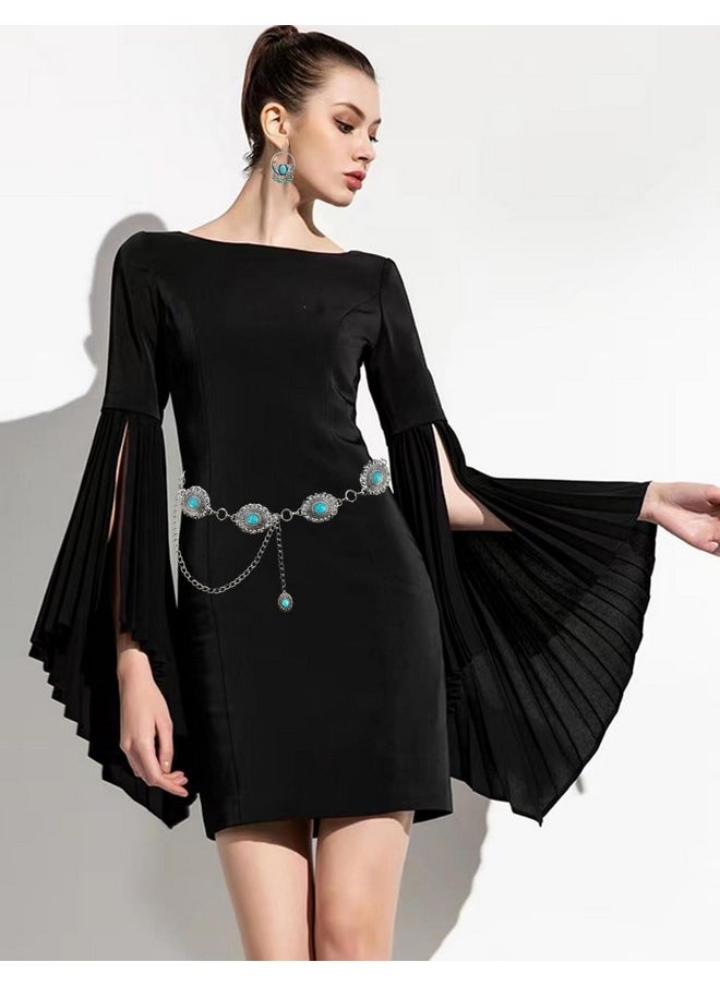 Turquoise Concho Chain Belts For Women Western Silver Boho Earrings Flower Metal Cowgirl Belt For Dresses Jeans Country Concert Outfit
