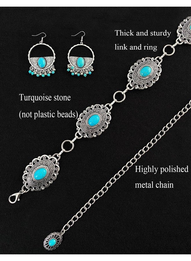 Turquoise Concho Chain Belts For Women Western Silver Boho Earrings Flower Metal Cowgirl Belt For Dresses Jeans Country Concert Outfit