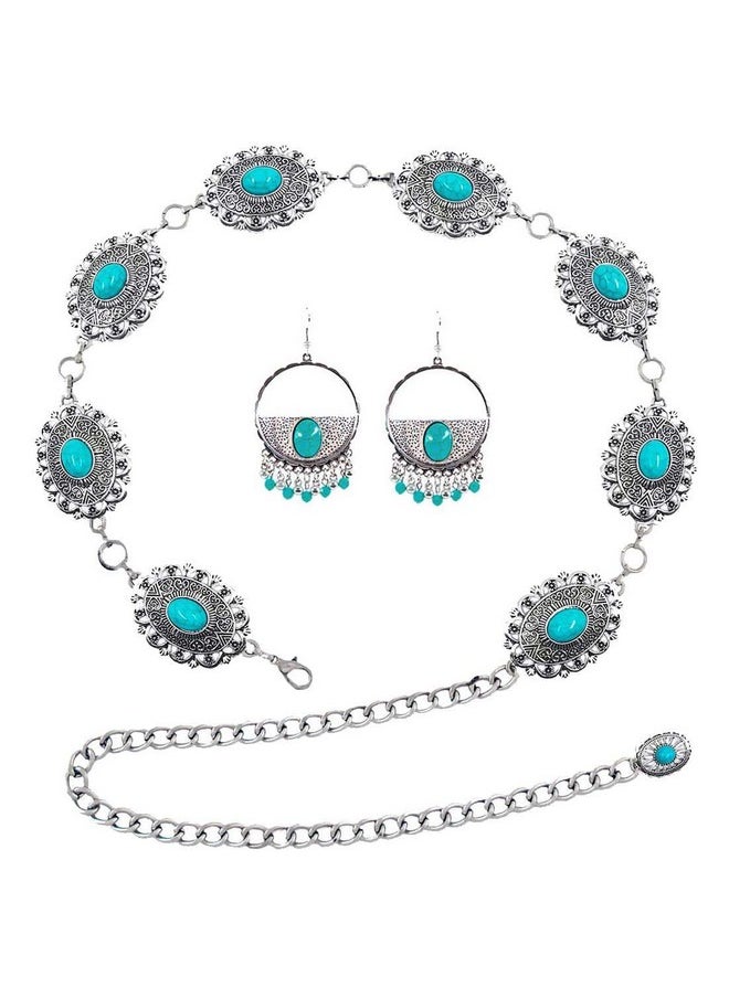 Turquoise Concho Chain Belts For Women Western Silver Boho Earrings Flower Metal Cowgirl Belt For Dresses Jeans Country Concert Outfit