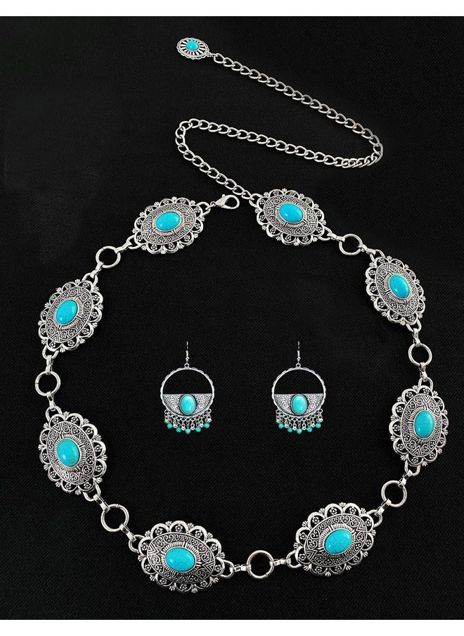 Turquoise Concho Chain Belts For Women Western Silver Boho Earrings Flower Metal Cowgirl Belt For Dresses Jeans Country Concert Outfit