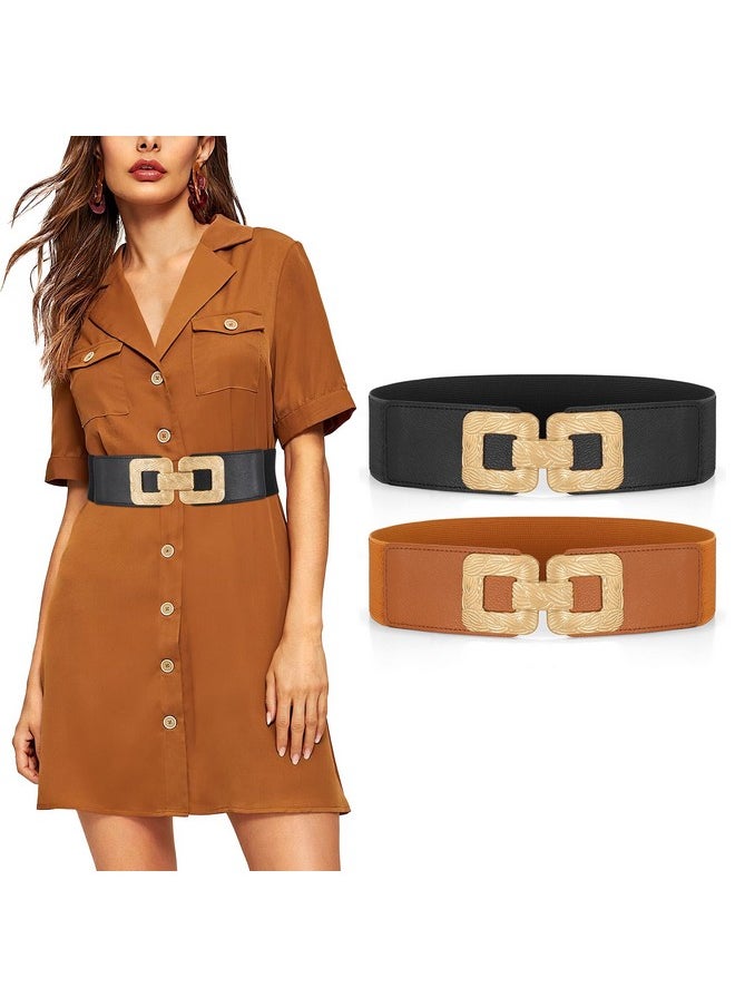 2 Pack Womens Wide Elastic Stretch Waist Belts For Dresses Fashion Ladies Belt Waistband With Square Gold Buckle Gold Black/Brown Xl