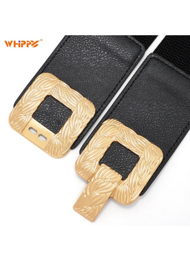 2 Pack Womens Wide Elastic Stretch Waist Belts For Dresses Fashion Ladies Belt Waistband With Square Gold Buckle Gold Black/Brown Xl