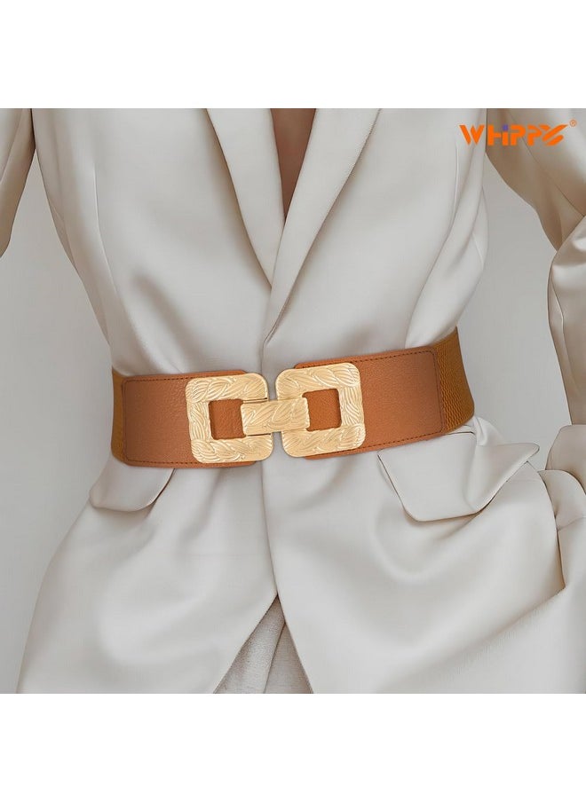 2 Pack Womens Wide Elastic Stretch Waist Belts For Dresses Fashion Ladies Belt Waistband With Square Gold Buckle Gold Black/Brown Xl