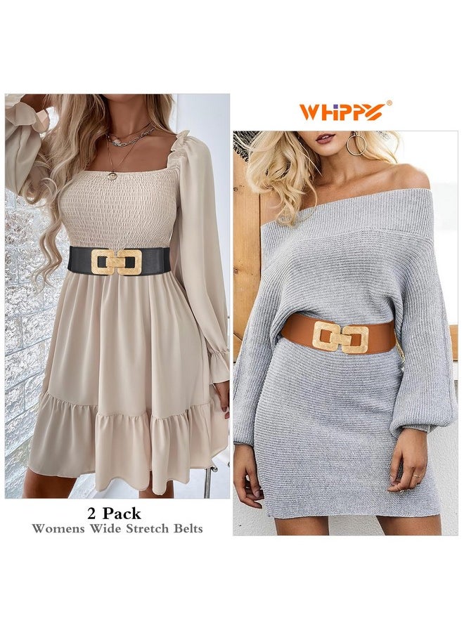 2 Pack Womens Wide Elastic Stretch Waist Belts For Dresses Fashion Ladies Belt Waistband With Square Gold Buckle Gold Black/Brown Xl