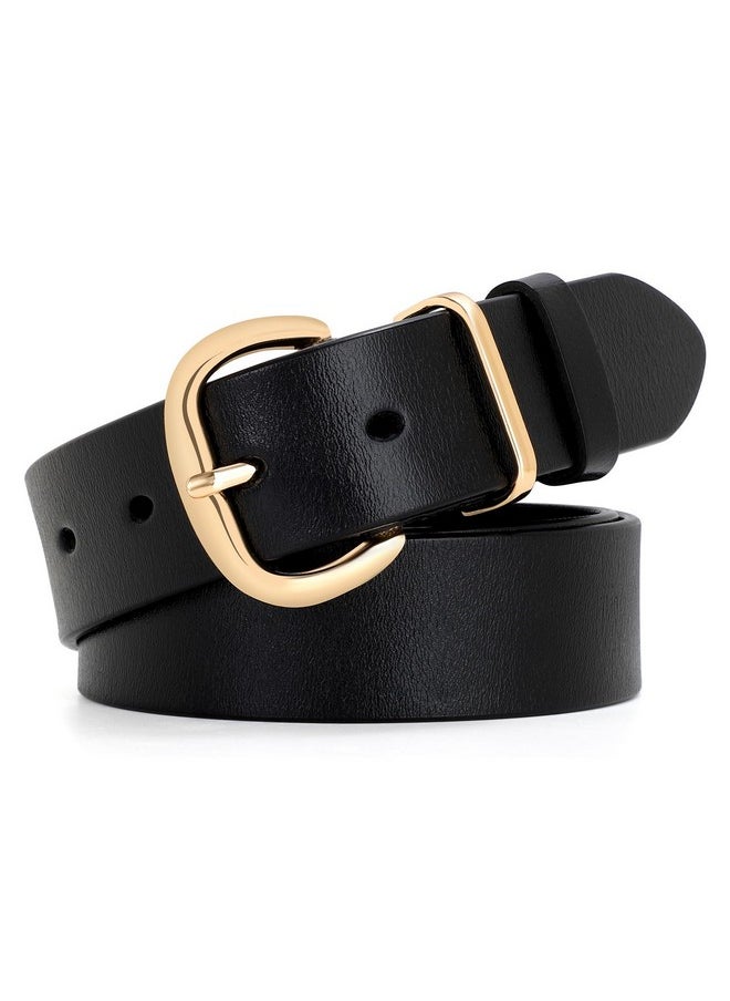 Women Leather Belt For Jeans Pants Dresses Black Ladies Waist Belt With Gold Buckle, Black, M