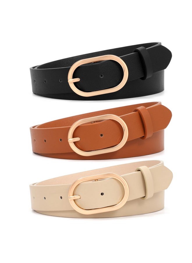 3 Pack Plus Size Women'S Leather Belts For Jeans Pants Dress Fashion Gold Buckle Ladies Waist Belt,Black Brown Beige